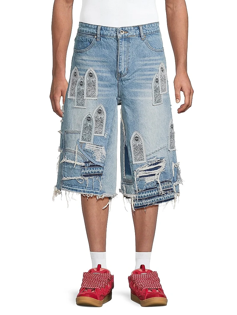 Patched Arch Blowout Denim Shorts