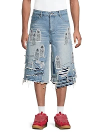 Patched Arch Blowout Denim Shorts