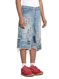 Patched Arch Blowout Denim Shorts
