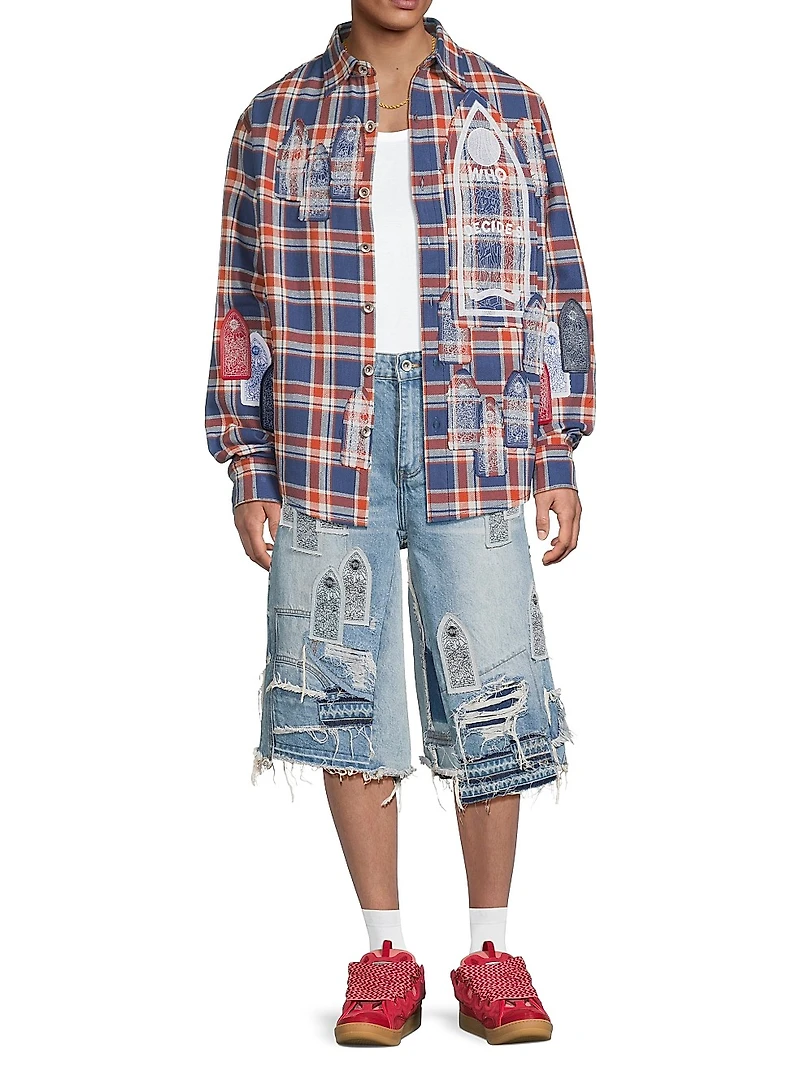 Patched Arch Blowout Denim Shorts