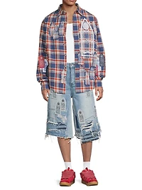 Patched Arch Blowout Denim Shorts