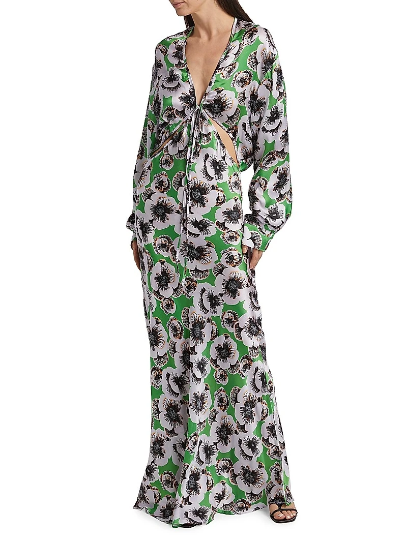 Kathleen Cut-Out Silk Long-Sleeve Maxi Dress