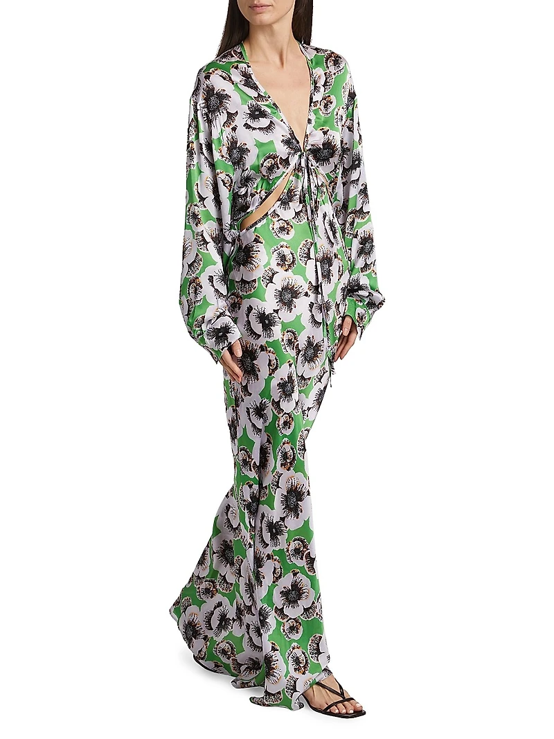 Kathleen Cut-Out Silk Long-Sleeve Maxi Dress
