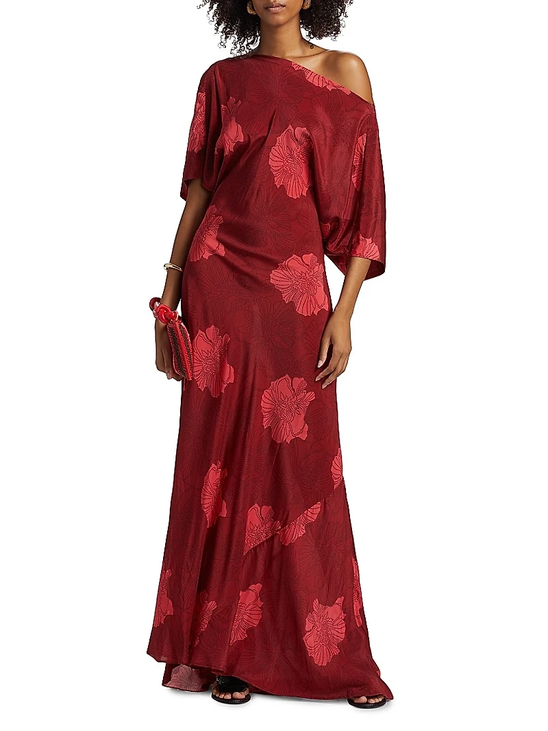 Grace Floral Silk Asymmetrical Bias-Cut Maxi Dress
