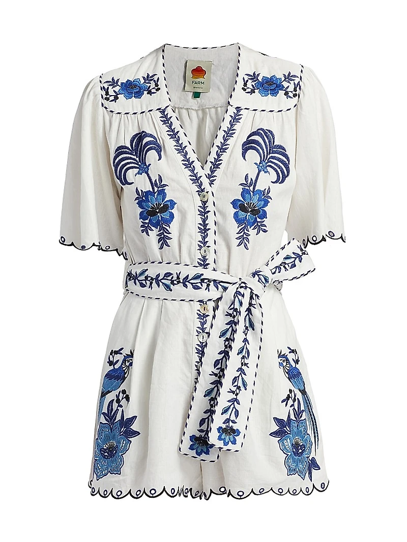 Delicate Forest Embroidered Linen-Blend Romper