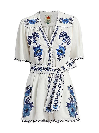 Delicate Forest Embroidered Linen-Blend Romper