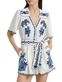 Delicate Forest Embroidered Linen-Blend Romper