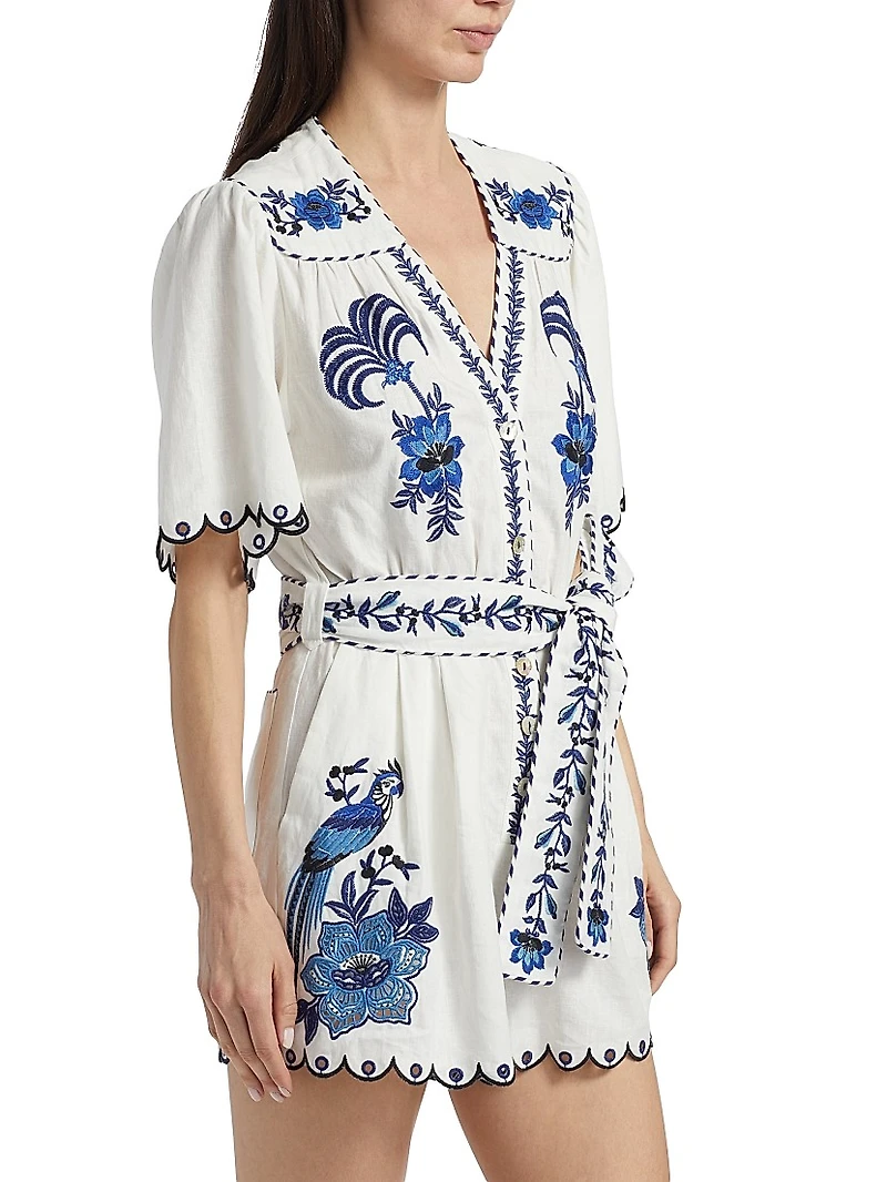 Delicate Forest Embroidered Linen-Blend Romper