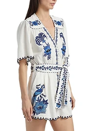 Delicate Forest Embroidered Linen-Blend Romper