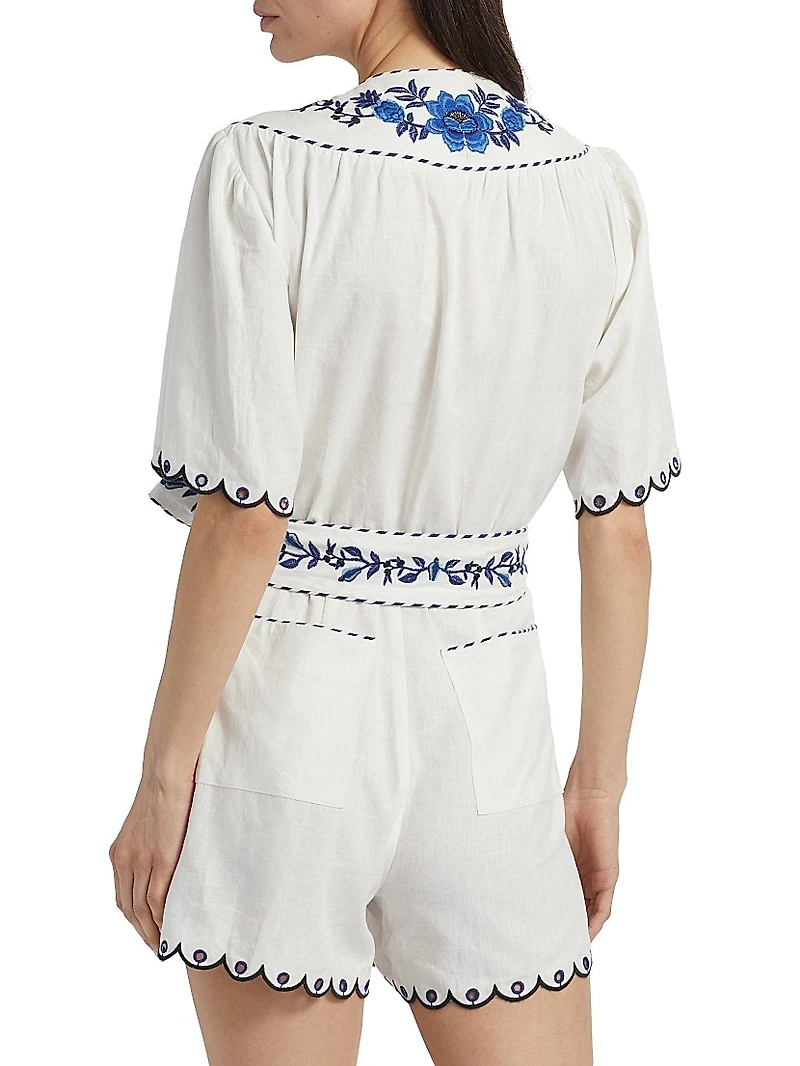 Delicate Forest Embroidered Linen-Blend Romper