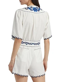 Delicate Forest Embroidered Linen-Blend Romper