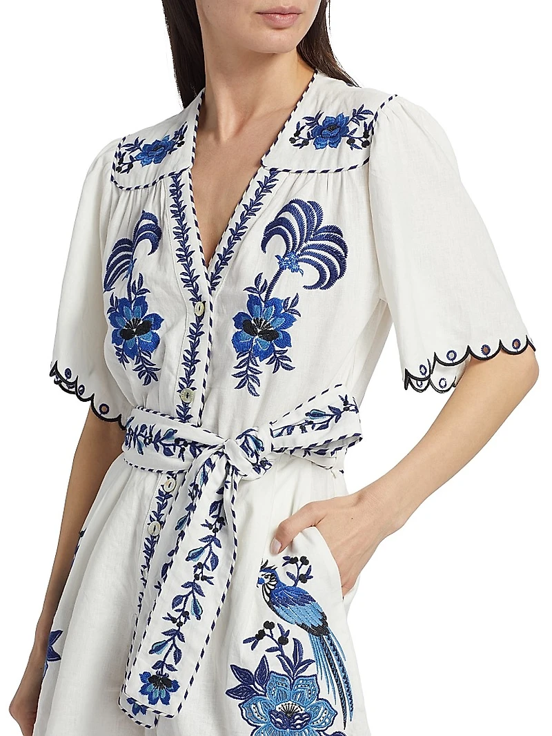 Delicate Forest Embroidered Linen-Blend Romper