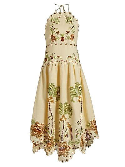 Delicate Forest Embroidered Halter Midi-Dress