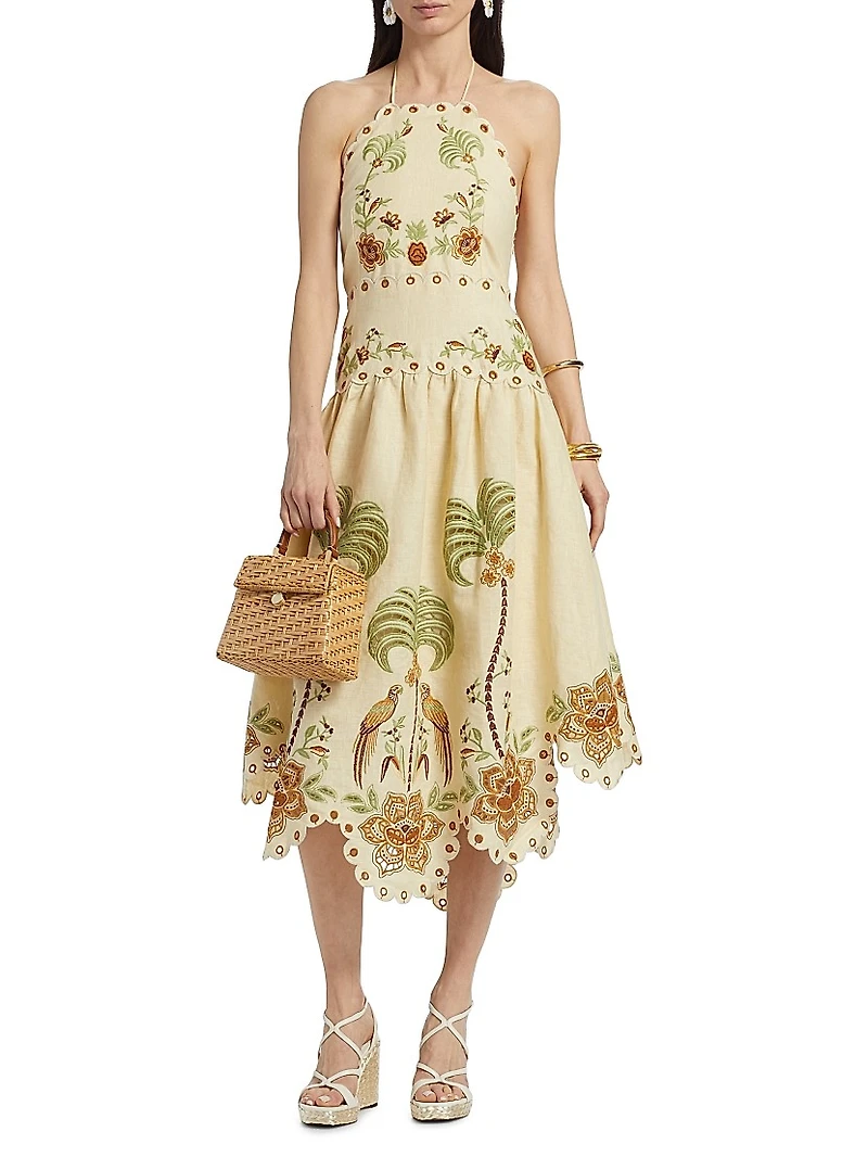 Delicate Forest Embroidered Halter Midi-Dress