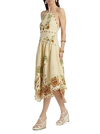 Delicate Forest Embroidered Halter Midi-Dress
