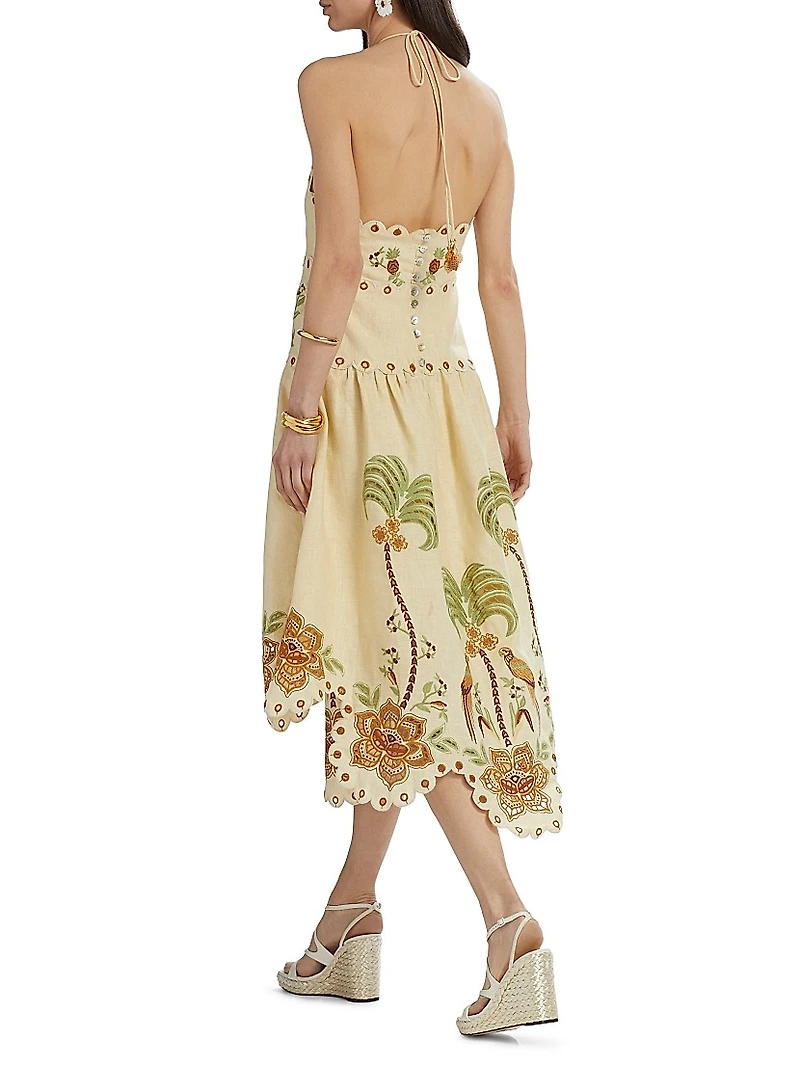 Delicate Forest Embroidered Halter Midi-Dress