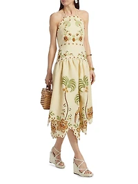 Delicate Forest Embroidered Halter Midi-Dress