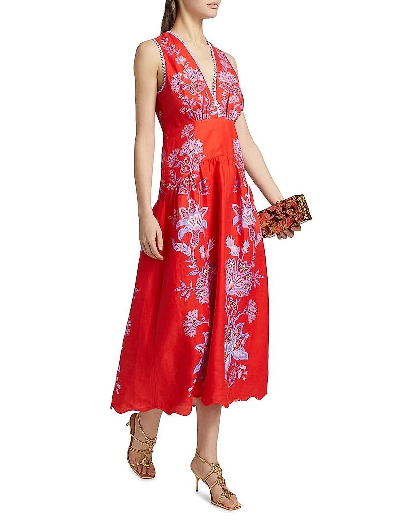 Porcelain Garden Linen Midi-Dress