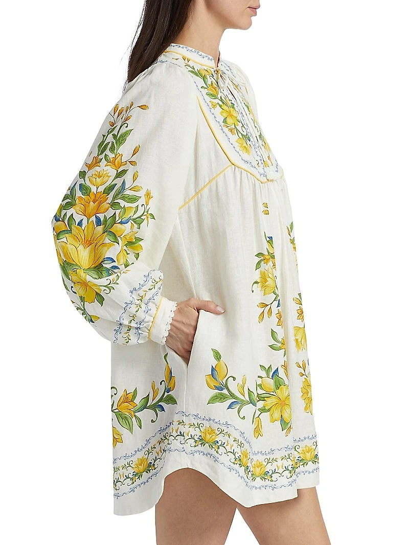 Sicily Floral Linen-Blend Minidress