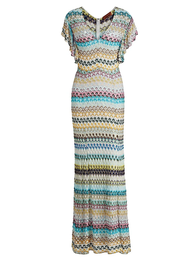 Raschel Lace Chevron Flutter-Sleeve Maxi Dress