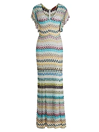 Raschel Lace Chevron Flutter-Sleeve Maxi Dress