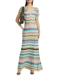 Raschel Lace Chevron Flutter-Sleeve Maxi Dress