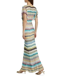 Raschel Lace Chevron Flutter-Sleeve Maxi Dress