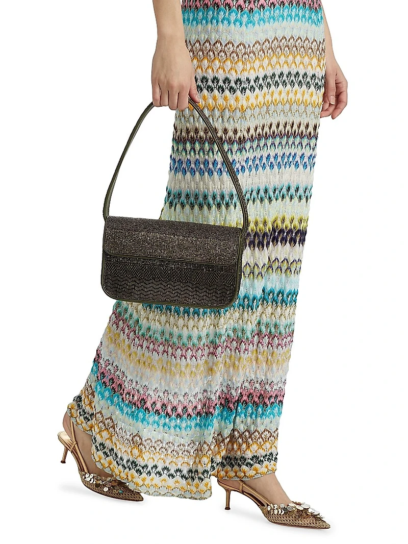 Raschel Lace Chevron Flutter-Sleeve Maxi Dress