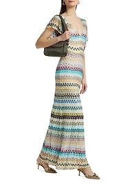 Raschel Lace Chevron Flutter-Sleeve Maxi Dress