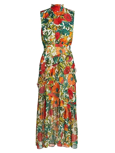 Fleur Floral Silk Sleeveless Midi Dress