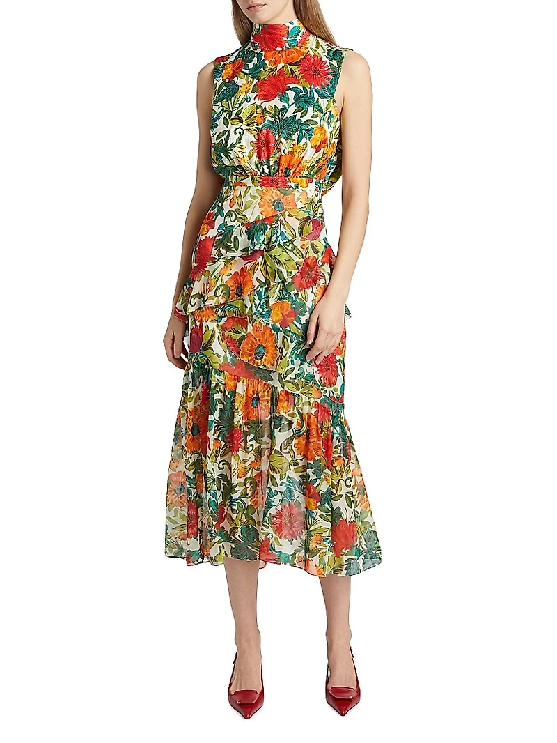 Fleur Floral Silk Sleeveless Midi Dress