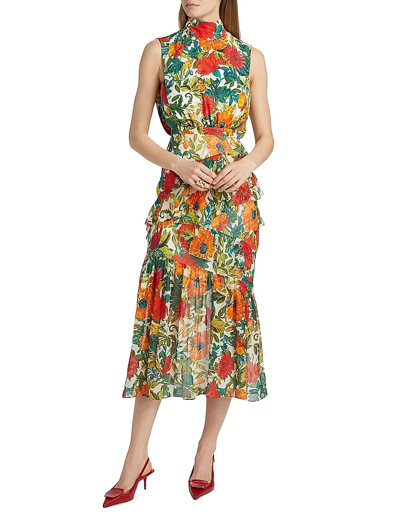 Fleur Floral Silk Sleeveless Midi Dress