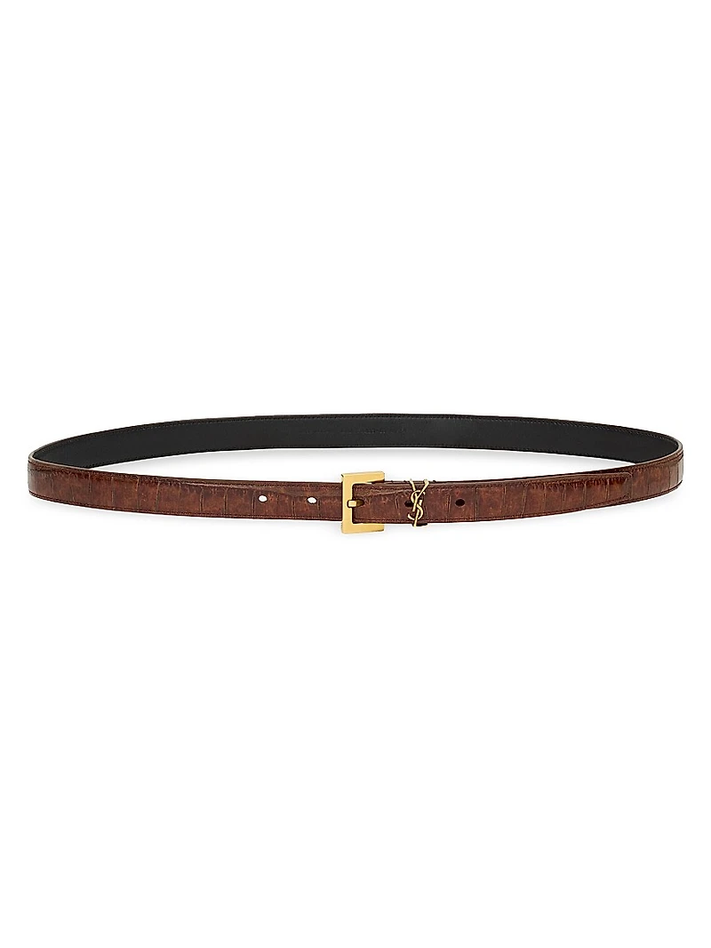 Cassandre Thin Belt Crocodile-Embossed Leather