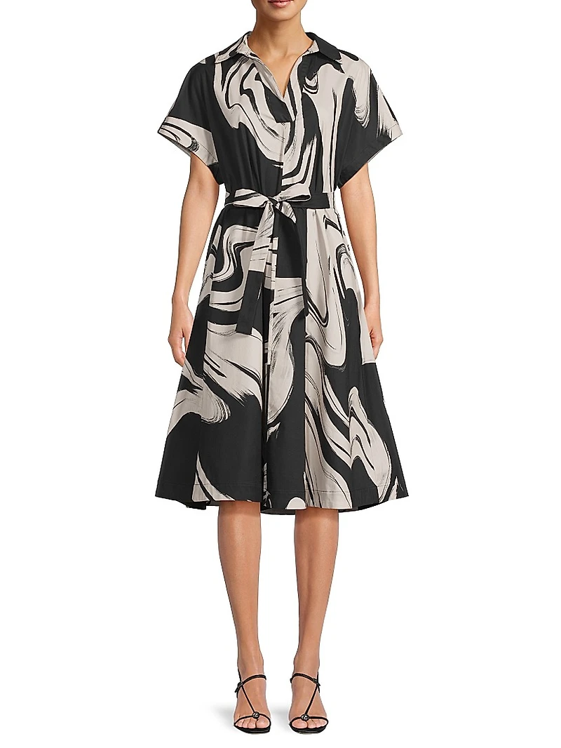 Trapeze Kaze-Print Cotton Poplin Dress