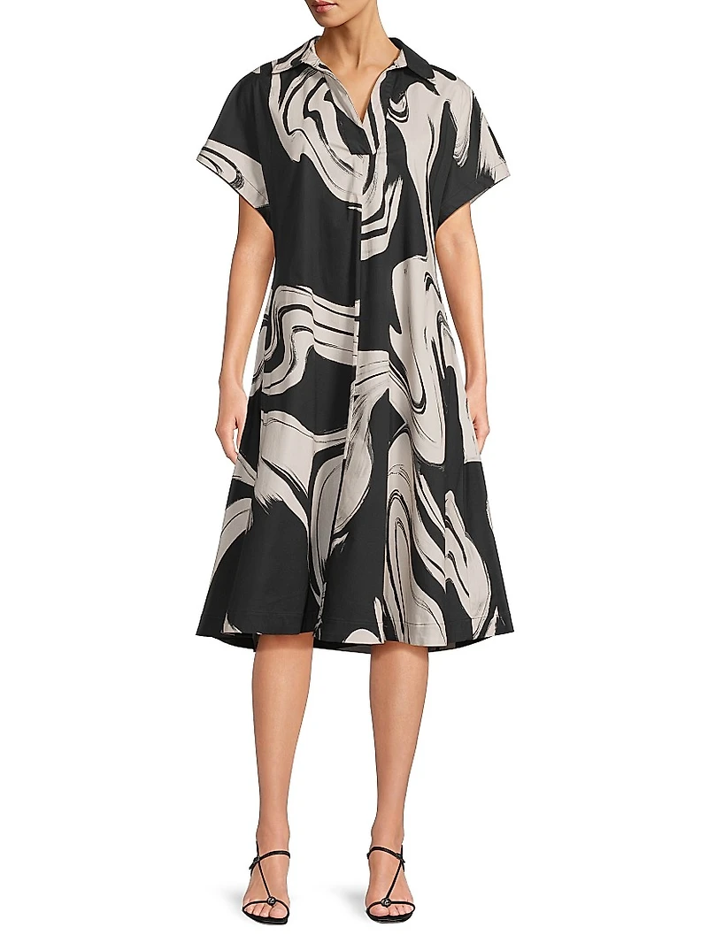 Trapeze Kaze-Print Cotton Poplin Dress