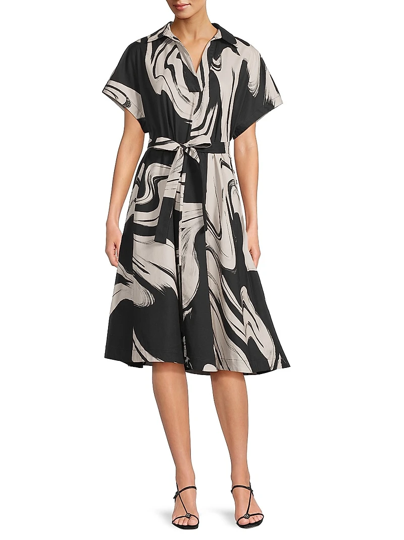 Trapeze Kaze-Print Cotton Poplin Dress