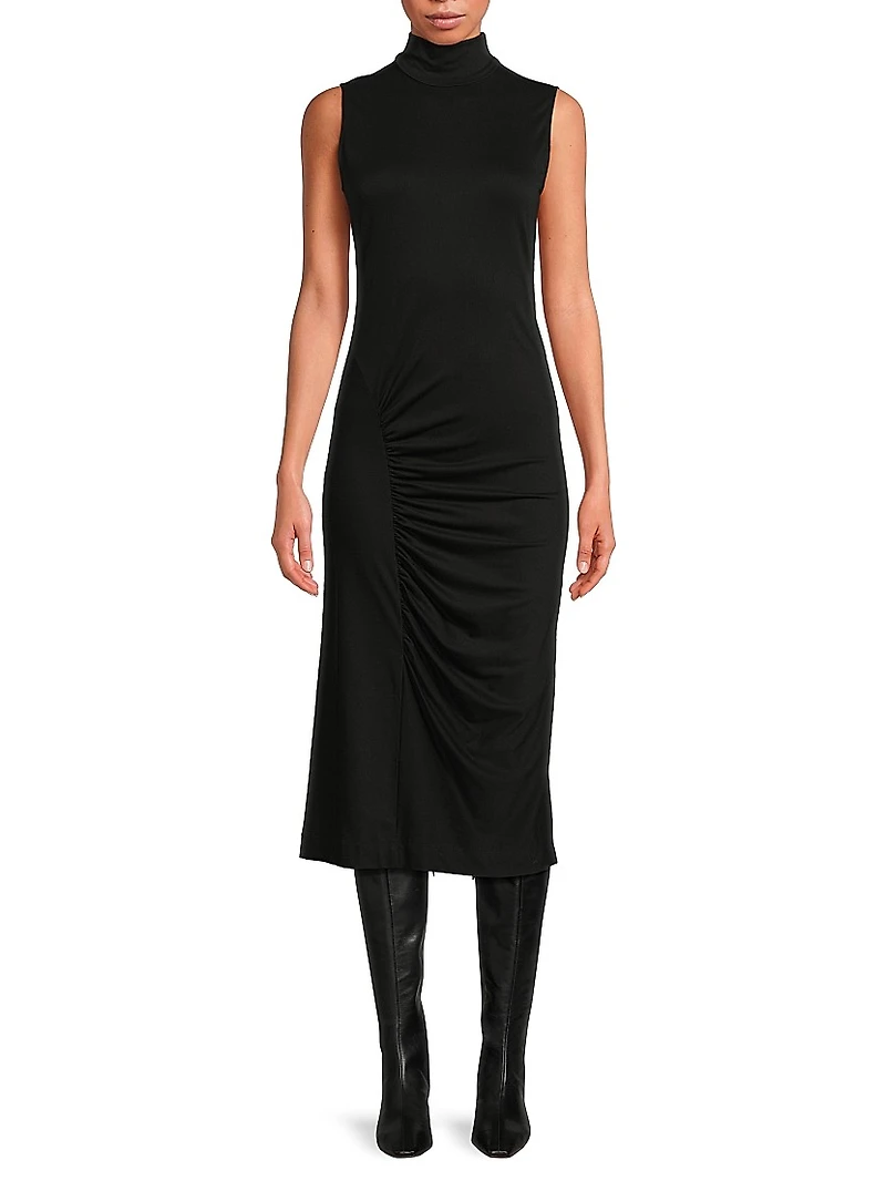 Mockneck Ruched Midi-Dress