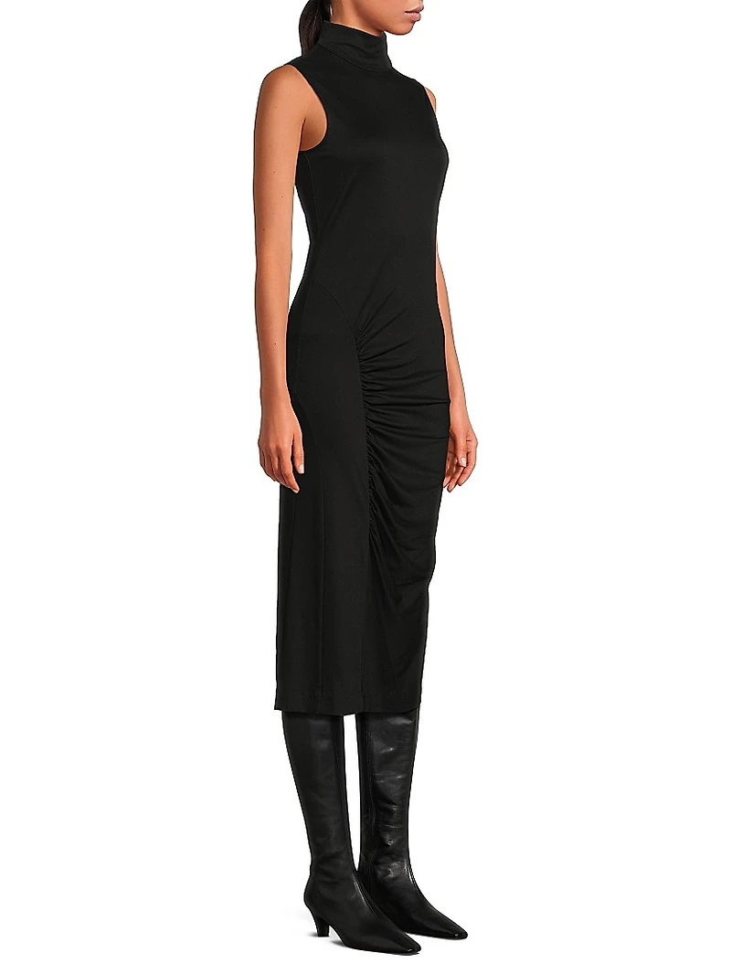 Mockneck Ruched Midi-Dress