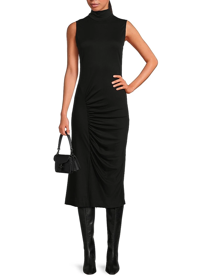 Mockneck Ruched Midi-Dress