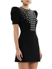 Pearly Embellished Crepe Puff-Sleeve Minidress