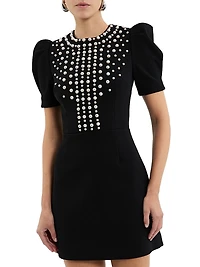 Pearly Embellished Crepe Puff-Sleeve Minidress