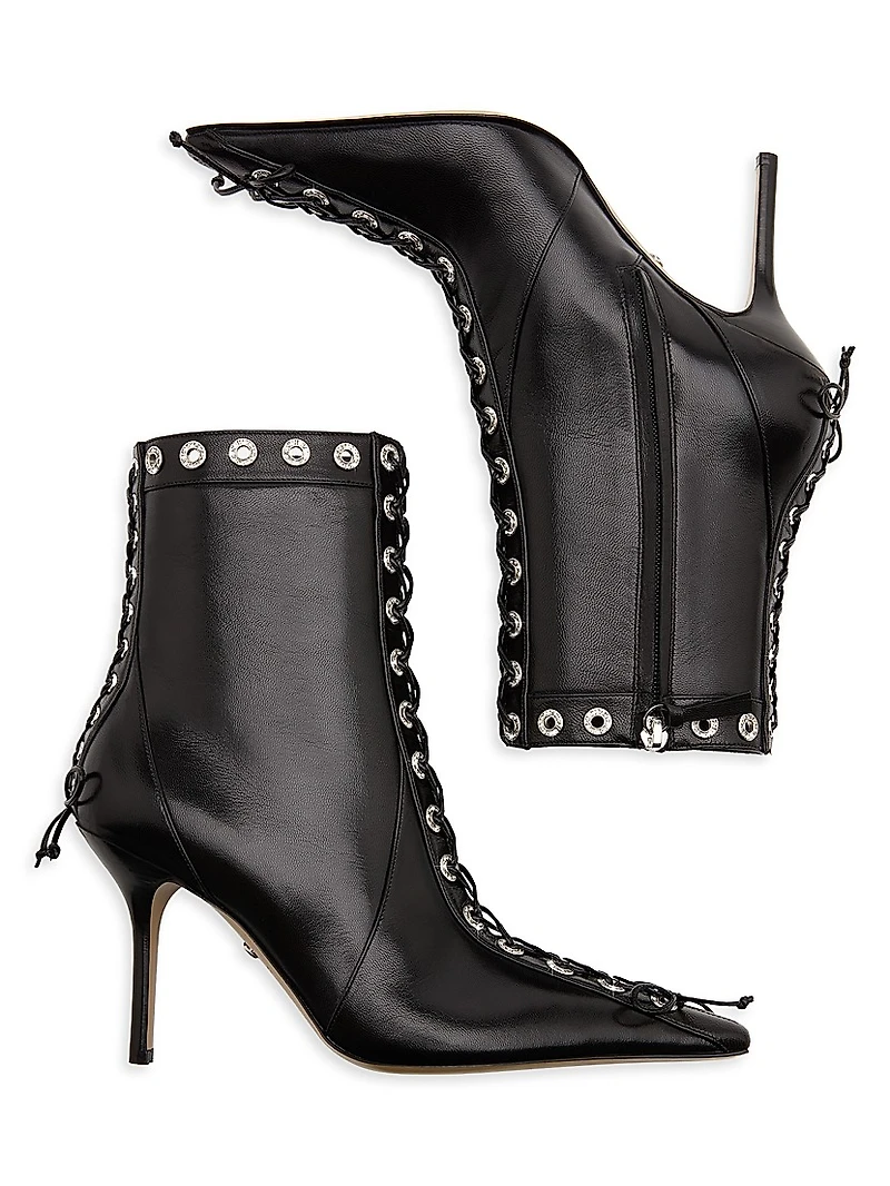 Embellished Corset Leather Ankle Boots