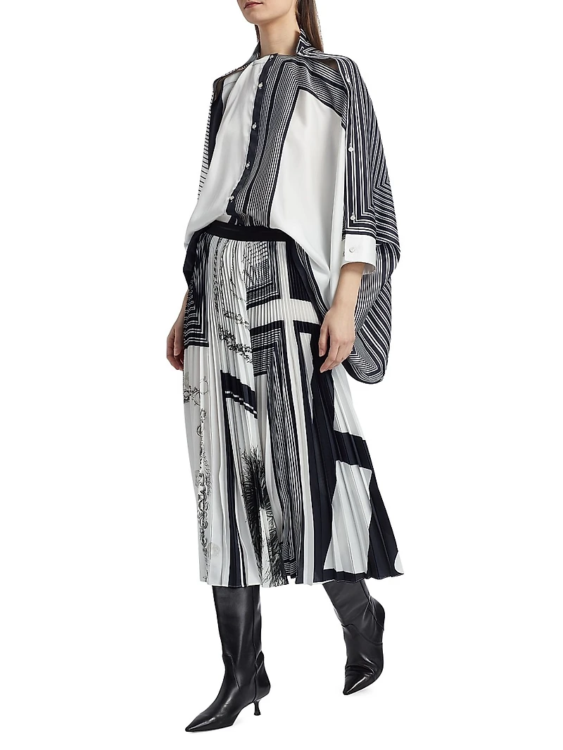 Pleated Twill Midi-Skirt