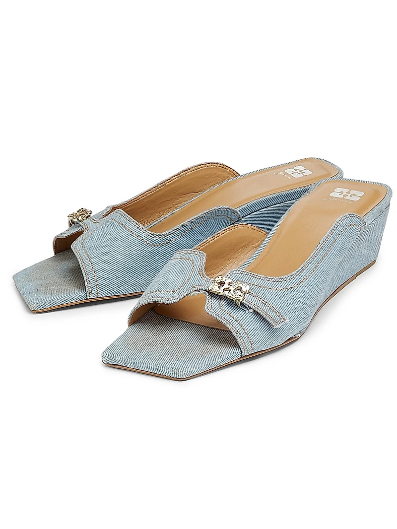 Butterfly Wedge Denim Mule Sandals
