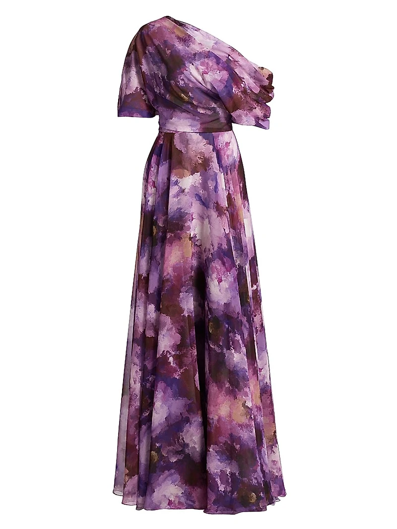 Floral-Print Chiffon Gown