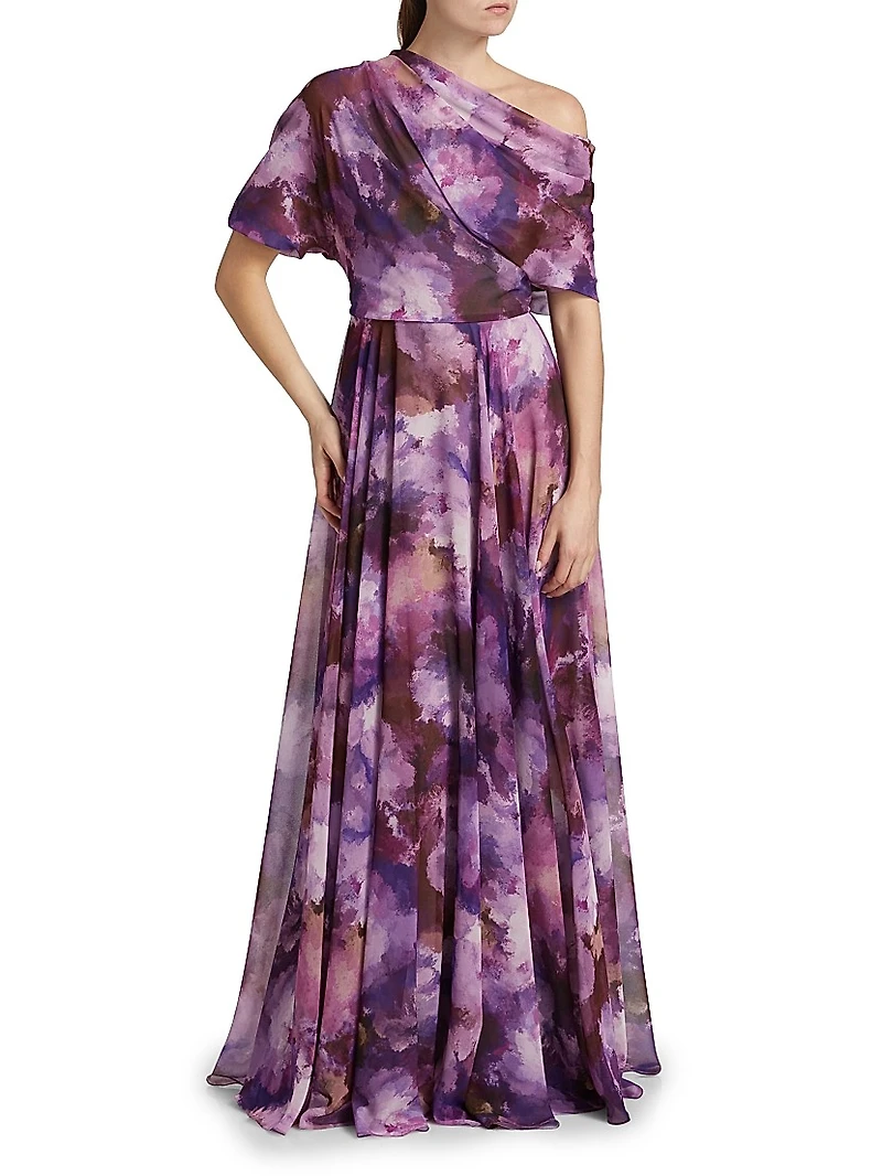 Floral-Print Chiffon Gown