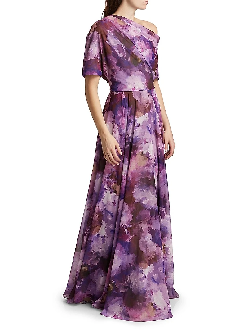 Floral-Print Chiffon Gown
