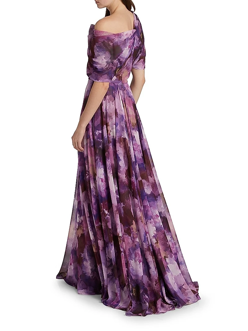 Floral-Print Chiffon Gown