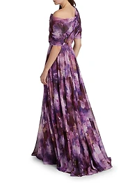 Floral-Print Chiffon Gown