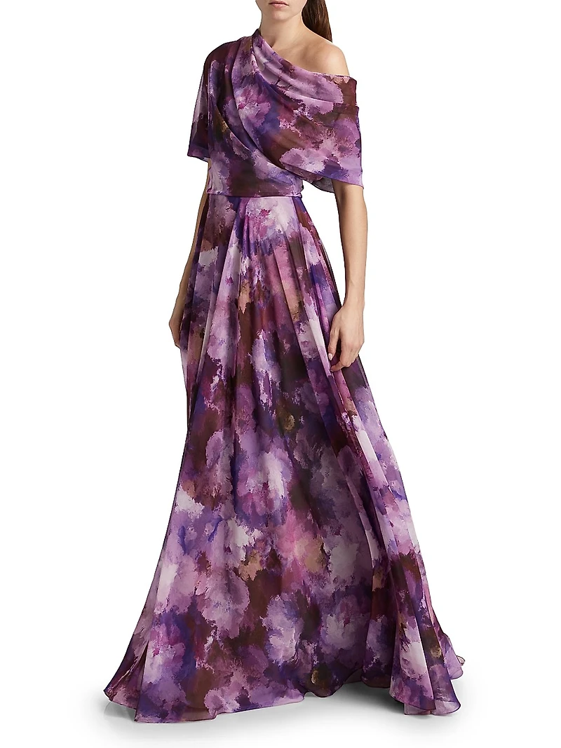 Floral-Print Chiffon Gown
